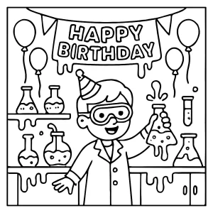 Página para colorear de laboratorio de slime neón en una fiesta de cumpleaños, ideal para imprimir y colorear gratis