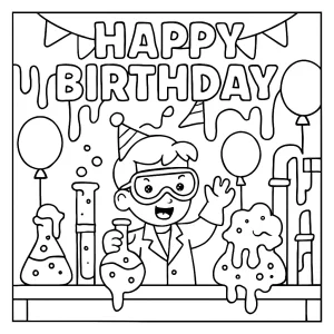 Página para colorear de laboratorio de slime neón en fiesta de cumpleaños para niños