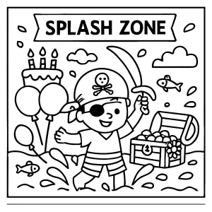 Página para colorear de fiesta de cumpleaños pirata con zona de tesoro y agua para niños