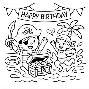 página para colorear de fiesta pirata con cofre del tesoro y zona de agua para niños