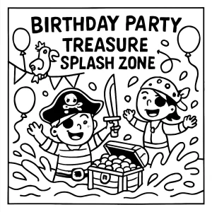 Página para colorear de fiesta pirata con niños, tesoro y zona de agua
