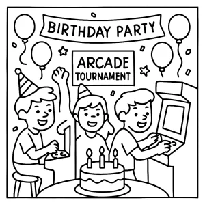 Página para colorear de torneo arcade retro en fiesta de cumpleaños infantil