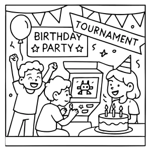 Página para colorear de fiesta de cumpleaños temática arcade retro con niños jugando en máquinas de videojuegos