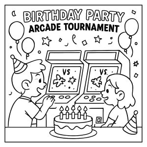 Página para colorear de torneo arcade retro en cumpleaños, con niños jugando y máquinas de videojuegos