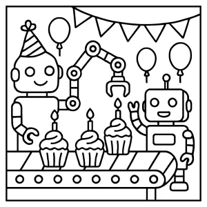 Robot cupcake assembly line omalovánka – coloring page s robotmi na narodeninovej oslave