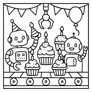 Página para colorear de fiesta de cumpleaños con robots haciendo cupcakes en una línea de ensamblaje