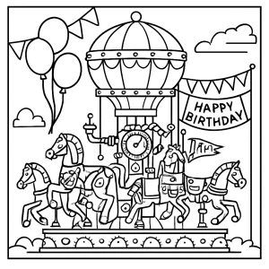 Página para colorear de un carrusel steampunk en una fiesta de cumpleaños, lista para imprimir y colorear