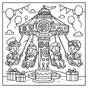 Página para colorear de fiesta de cumpleaños steampunk con carrusel, engranajes y globos