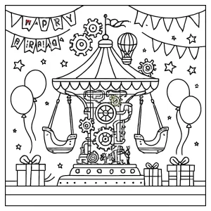 Página para colorear de carrusel steampunk en fiesta de cumpleaños, lista para imprimir y colorear