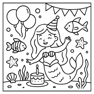 Página para colorear de fiesta de cumpleaños temática de sirenas bajo el mar con decoraciones y regalos