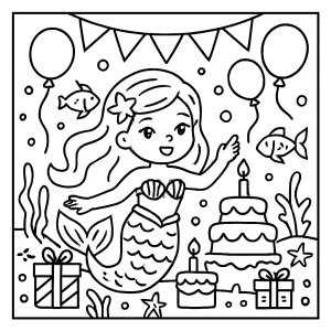 Página para colorear de una fiesta de sirenas bajo el mar con torta, globos y peces