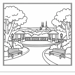 Denis Gardens Brno park coloring page with trees and viewpoint in black and white line art