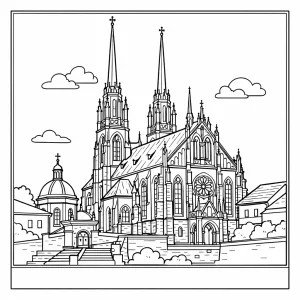 Cathedral of St. Peter and Paul coloring page with detailed gothic twin towers and line drawing architecture