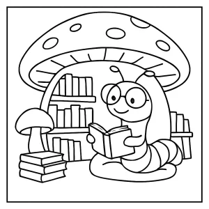 Página para colorear de un gusano de libros leyendo en una biblioteca de hongos mágica