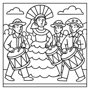 página para colorear de desfile de tambores Maracatu de Brasil