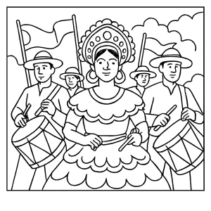 Página para colorear de un desfile de maracatu en Brasil con músicos tocando tambores y vestimentas típicas