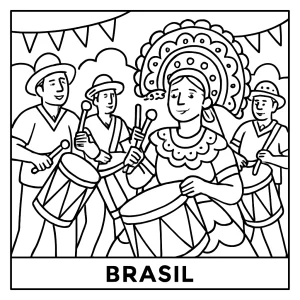 Página para colorear de un desfile de tambores Maracatu de Brasil con músicos y trajes típicos