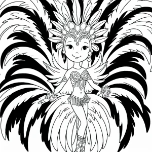page de coloriage danseuse de samba du carnaval brésilien, costume à plumes à imprimer