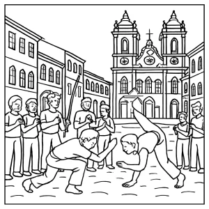 Página para colorear de un círculo de capoeira en la plaza Pelourinho, Salvador de Bahía, Brasil