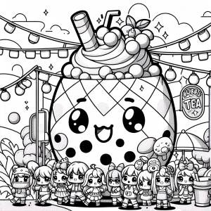 Página para colorear de puesto de té de mango kawaii con personajes adorables en un festival de verano