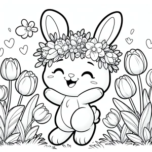 Página para colorear de conejito con corona de flores y campo de tulipanes para imprimir gratis