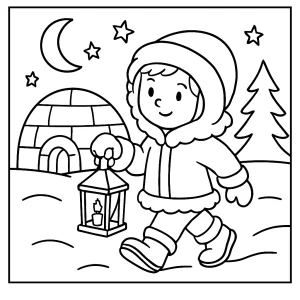 Page de coloriage gratuite montrant des enfants avec des lanternes devant un igloo au Canada sous la neige