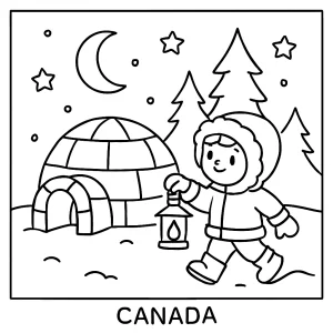 página para colorear de caminata de linternas con iglú y paisaje de Canadá para imprimir
