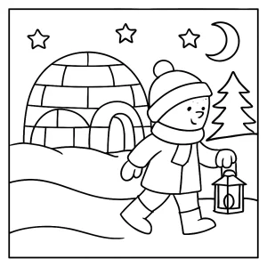 Página para colorear de niños con faroles y un iglú en Canadá bajo la nieve