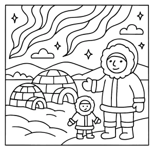 Página para colorear de una aldea de iglús canadiense con auroras boreales, ideal para imprimir y colorear gratis