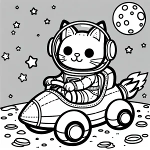 Página para colorear de un gato astronauta en un auto cohete sobre la superficie lunar con cráteres, lista para imprimir y colorear gratis
