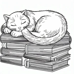 página para colorear de un gato dormido sobre una pila de libros, contornos simples para niños