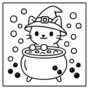 página para colorear de gato brujo preparando bubble tea mágico en un caldero con perlas de tapioca