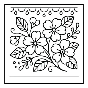 Página para colorear de motivo de bordado folk con flores de cerezo, diseño imprimible para niños y adultos
