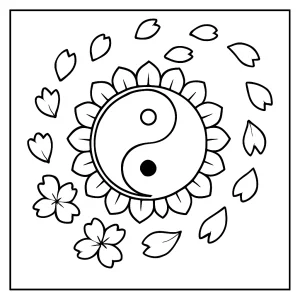 Mandala yin-yang con pétalos de cerezo en espiral página para colorear gratis