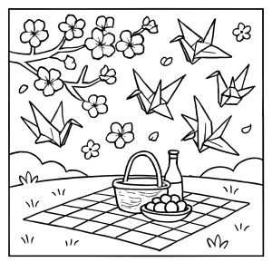 page de coloriage de pique-nique sous des cerisiers en fleurs avec des grues en origami flottant dans la brise