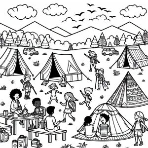 Página para colorear de niños acampando en tiendas, rodeados de naturaleza, ideal para imprimir y colorear gratis