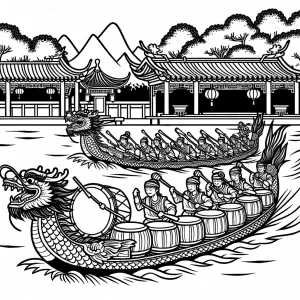 Carrera de barco dragón chino página para colorear gratis con remeros y tambores