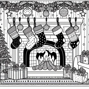 Página para colorear de calcetines navideños colgados sobre una chimenea decorada en Navidad.