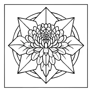 página para colorear de mandala de crisantemo con pliegues de origami, lista para imprimir y colorear