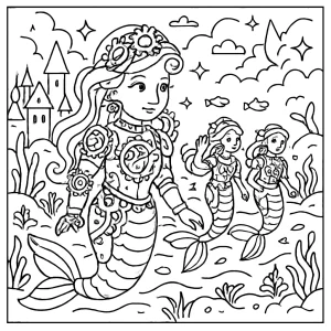 Página para colorear de sirenas mecánicas desfilando en un reino encantado, llena de detalles fantásticos para imprimir y colorear