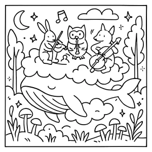 Cloud Whale Orchestra coloring page with musical whales in an enchanted realm for kids to color