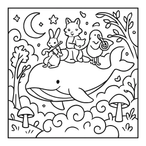 página para colorear de orquesta de ballenas flotando en nubes en un reino encantado