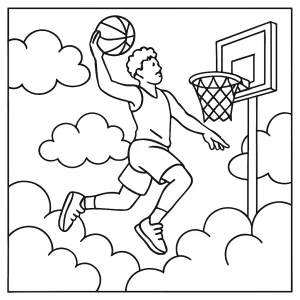 Página para colorear de un jugador de baloncesto haciendo un mate en una ciudad flotante entre nubes