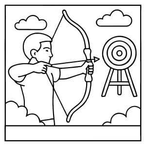 Página para colorear de tiro con arco para imprimir gratis, dibujo de un arquero apuntando al blanco para que los niños coloreen.