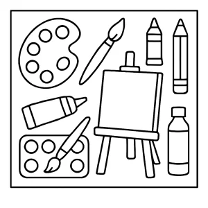 Página para colorear de materiales de arte con lápices, pinceles y crayones para niños