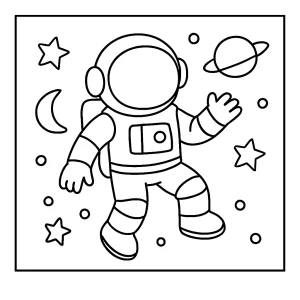 Página para colorear de un astronauta flotando en el espacio con estrellas y planetas