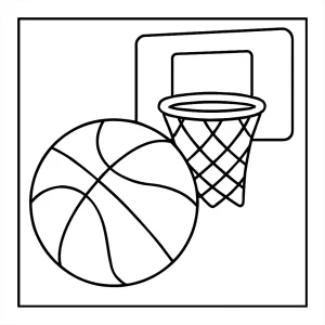 Página para colorear de baloncesto con jugador, balón y canasta lista para imprimir