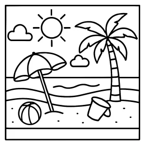 Página para colorear de escena de playa con arena, mar y palmeras para imprimir gratis