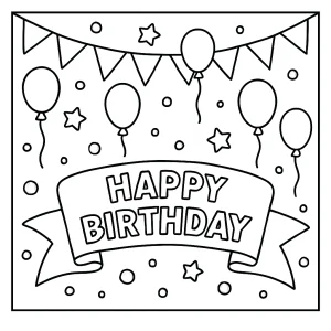 Festive birthday banner coloring page for kids to print and color with balloons and confetti