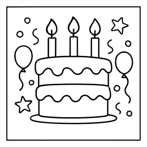Página para colorear de pastel de cumpleaños con velas y decoraciones, lista para imprimir y colorear por niños